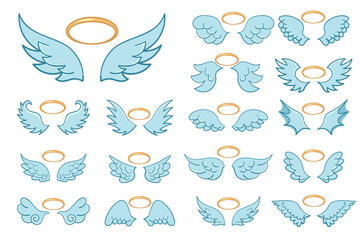 Flying angel wings flat with golden halo.