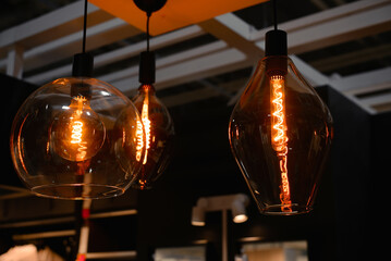 Three glowing vintage light bulbs of different shapes. Fashionable modern round lamp in retro style hanging from ceiling, decor for indoor home interior. Selective focus