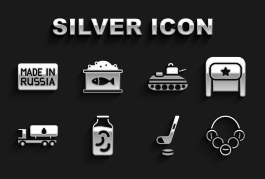 Set Pickled cucumbers in a jar, Ushanka, Russian bagels, Ice hockey stick and puck, Tanker truck, Military tank, Made and Tin can with caviar icon. Vector