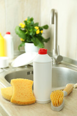 Fototapeta na wymiar Concept of Dishwashing detergent accessories on kitchen background