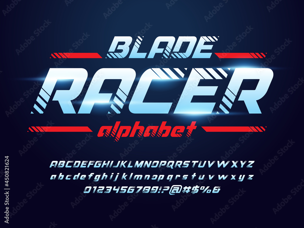 Fototapete speed racing style alphabet design with uppercase, lowercase, numbers and symbol