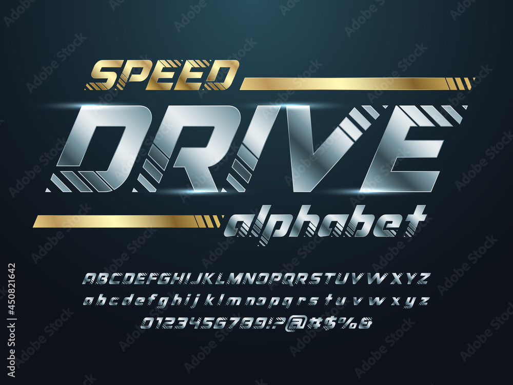 Poster speed racing style alphabet design with uppercase, lowercase, numbers and symbol