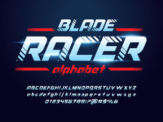 Speed racing style alphabet design with uppercase, lowercase, numbers and symbol