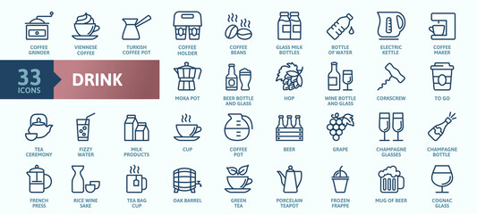 Drink - thin line web icon set. Outline icons collection. Simple vector illustration. - 450821631