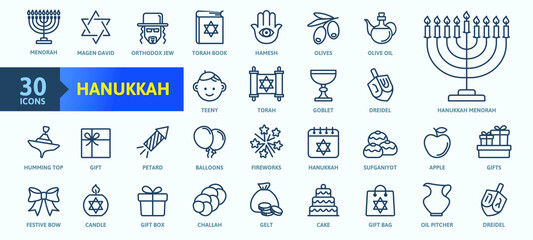 Hanukkah, Jewish festival - thin line web icon set. Outline icons collection. Simple vector illustration. - 450821633