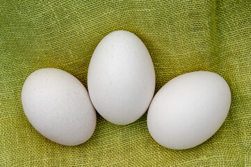Chicken egg is a healthy dietary dish. Three white chicken eggs on a green rough cloth.