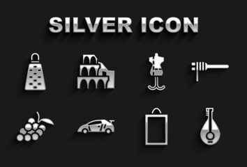 Set Sport racing car, Pasta spaghetti, Mandolin, Picture, Grape fruit, Mannequin, Grater and Coliseum Rome icon. Vector