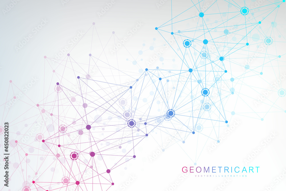 Poster geometric abstract background with connected line and dots. structure molecule and communication. bi