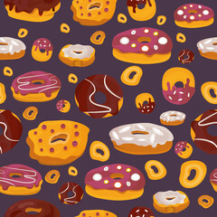 A set of delicious cartoon donuts. Chocolate, sprinkled with powdered, with colored glaze, donuts with sugar. Food. Bakery. For decorating the kitchen or menu. Seamless pattern for donuts.