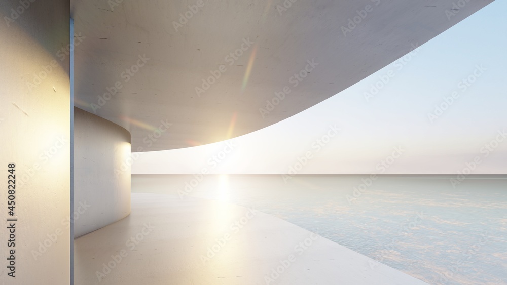 Wall mural Futuristic minimalist architecture and beautiful seascape sunset 3d render