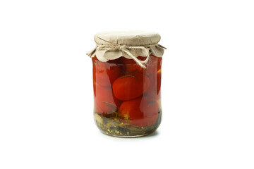 Jar of pickled tomatoes isolated on white background