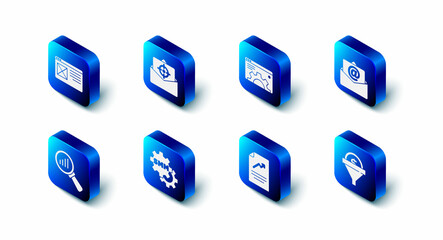 Set Mail and e-mail, Browser setting, Lead management, Document with graph chart, Social media marketing, Magnifying glass analysis and window icon. Vector