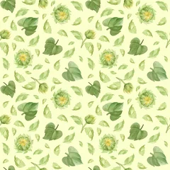 Gordijnen Zonnebloemknoppen en bladeren naadloos patroon. Aquarel clipart op groene achtergrond © Nizova Tina