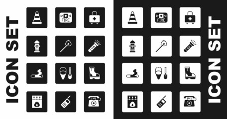 Set First aid kit, Burning match with fire, Fire hydrant, Traffic cone, Flashlight, alarm system, boots and Cigarette icon. Vector