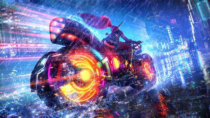 A beautiful saifai girl rides a technological brightly glowing electric motorcycle on a rainy wet road of a huge megapolis, at high speed, she has a sexy body and two katanas. 3d render