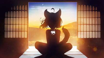 Silhouette of a cute cat girl in anime style with ears and a tail, She is drinking coffee sitting on the threshold of a Japanese house against the background of a beautiful dawn with mist and stars 2d