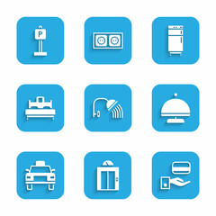 Set Shower head, Lift, Digital door lock, Covered with tray, Taxi car, Bedroom, Refrigerator and Parking icon. Vector