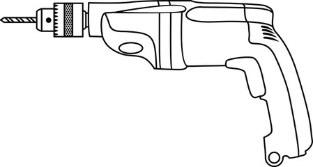 Electric drill. Vector drawing. A conditional graphic black-and-white image.