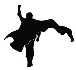The silhouette of a fantasy hero with a long cloak fluttering in the wind, he confidently goes forward raising his fist up 2d black and white illustration © warmtail