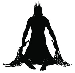 Silhouette of a muscular male king in a crown with long spikes, he holds two whips for self-flagellation sitting on his knees 2d black and white illustration