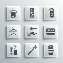 Set Fork, Toilet bowl, Hotel key card, door lock, Toothbrush and toothpaste, Hanger wardrobe, Towel on hanger and Door handle icon. Vector