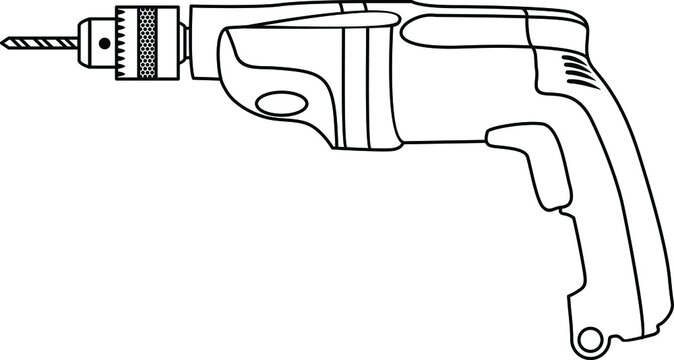 Electric drill. Vector drawing. A conditional graphic black-and-white image.