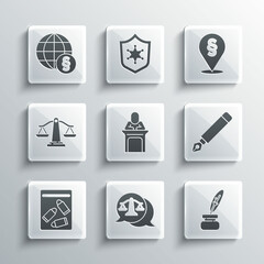 Set Scales of justice, Feather and inkwell, Fountain pen nib, Judge, Evidence bag bullet, International law and Location icon. Vector