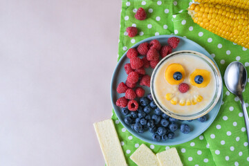 Fun food for kids - cute and smiling corn porridge monster with seasonal raspberry and blueberry decorations in the background. Inspiration for healthy baby cooking.
