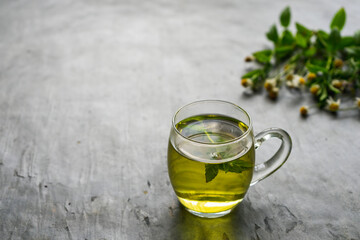 Eine Glas Tasse Tee mit Kamillenblüten und Pfefferminze auf einem rustikalen grauen Tisch. Nahaufnahme.