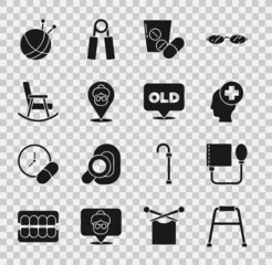Set Walker, Blood pressure, Male head with hospital, Medicine pill or tablet, Nursing home, Rocking chair, Yarn ball knitting needles and icon. Vector