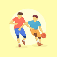 Fototapeta na wymiar Two Man Playing Basketball in Flat Design Illustration
