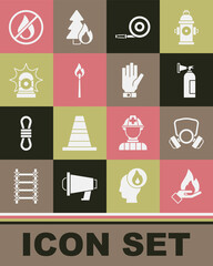 Set Hand holding a fire, Gas mask, Fire extinguisher, hose reel, Burning match with, Flasher siren, No and Firefighter gloves icon. Vector