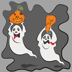 Two Halloween spooky ghost and long red tongue holding orange pumpkin 