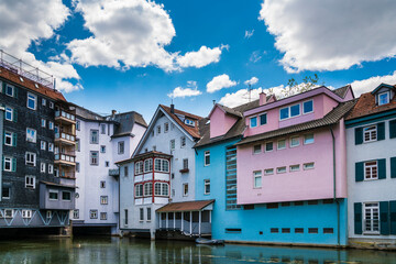 Germany, Esslingen am neckar, little venice, colorful houses along riverside of neckar river with a...