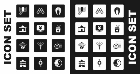 Set Fish steak, Chinese Yuan currency, house, Firework, Noodles box and chopsticks, Sushi on cutting board, and man icon. Vector