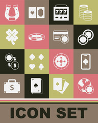 Set Casino chips, Online poker table game, Slot machine with jackpot, slot clover, Horseshoe and Credit card icon. Vector