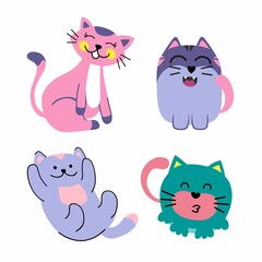Funny cats set of 4 on a white isolated background. Use for a postcard, background, application on a fabric or souvenir products.