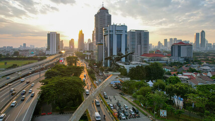 Aerial view of The Dirgantara Statue Monument or better known as the Pancoran Statue is one of the...