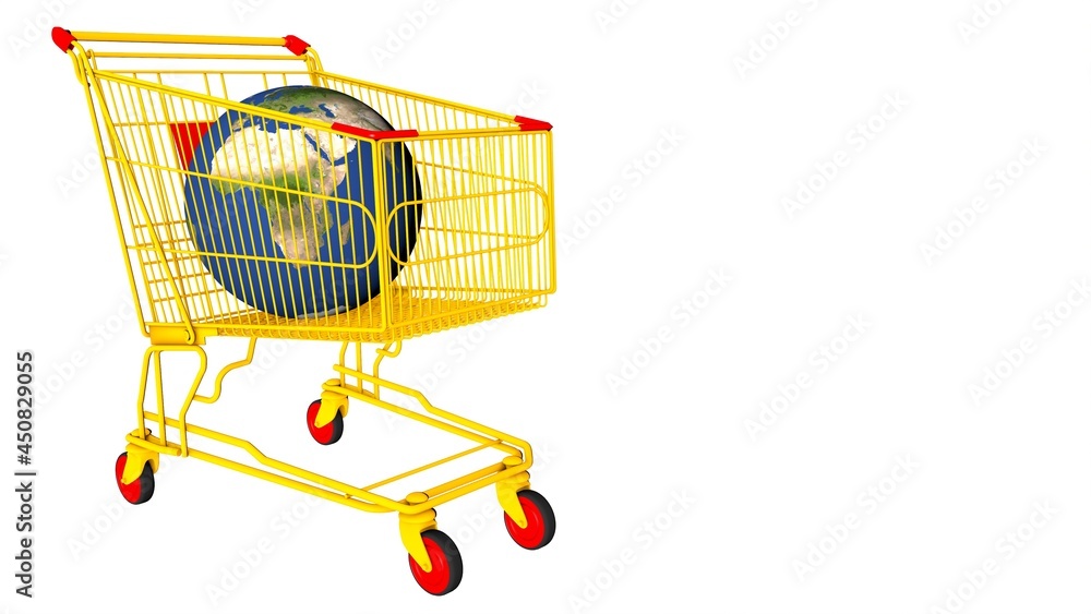 Poster globe in a yellow cart from the market on a white background. rendering an image.