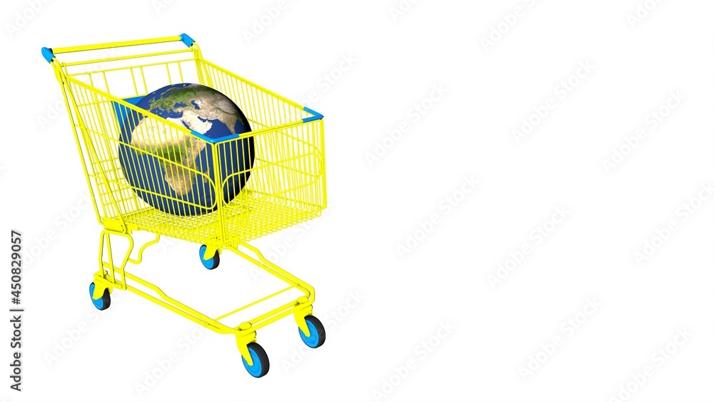 Poster globe in a yellow cart from the market on a white background. rendering an image.