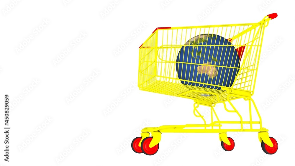 Poster globe in a yellow cart from the market on a white background. rendering an image.