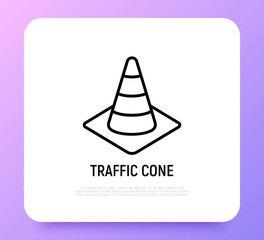 Traffic cone thin line icon. Modern vector illustration of plastic street boundary for construction.