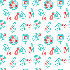 Diabetes seamless pattern with thin line icons: blood test, glucometer, glucose level, insulin pen, hyperglycemia, insulin pump, diabetic retinopathy, medical checkup. Vector illustration for medical 