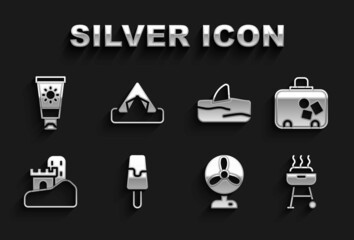 Set Ice cream, Suitcase, Barbecue grill, Electric fan, Sand castle, Shark fin in ocean wave, Sunscreen tube and Tourist tent icon. Vector