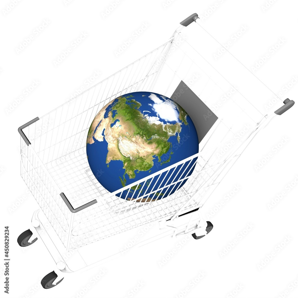 Poster globe of the planet earth in a cart from the market on a white background. rendering an image.