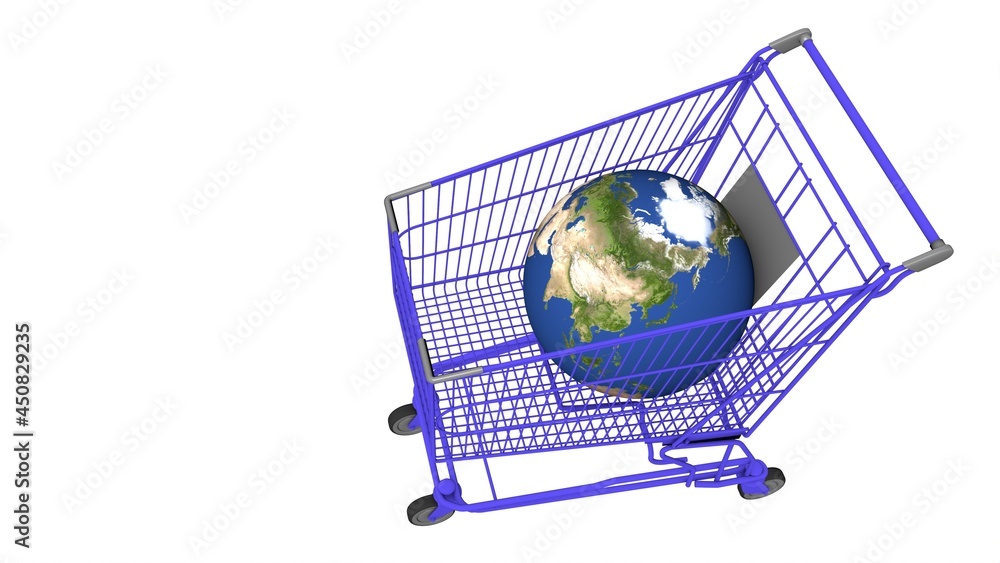 Poster globe of the planet earth in a cart from the market on a white background. rendering an image.