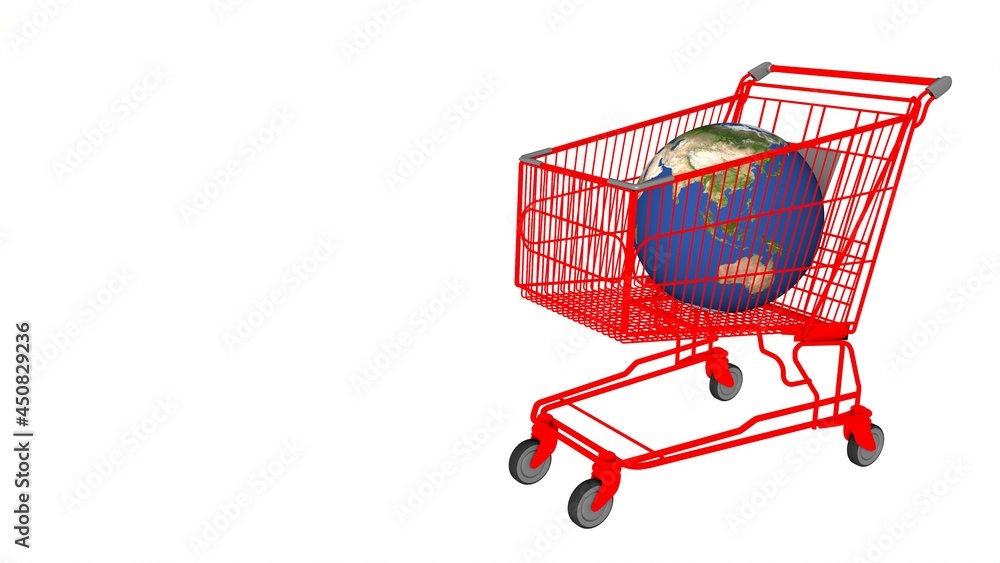 Poster globe of the planet earth in a cart from the market on a white background. rendering an image.