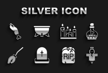 Set Tombstone with RIP written, Bottle potion, Scarecrow, Witches broom, Burning candle, Zombie finger and Halloween witch cauldron icon. Vector