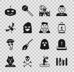 Set Garden fence wooden, Tombstone with RIP written, Camping lantern, Castle, fortress, Funny and scary ghost mask, Flying bat, Pumpkin and Vampire icon. Vector