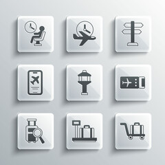 Set Scale with suitcase, Trolley baggage, Airline ticket, Airport control tower, Lost, Mobile, Human waiting airport terminal and Road traffic sign icon. Vector